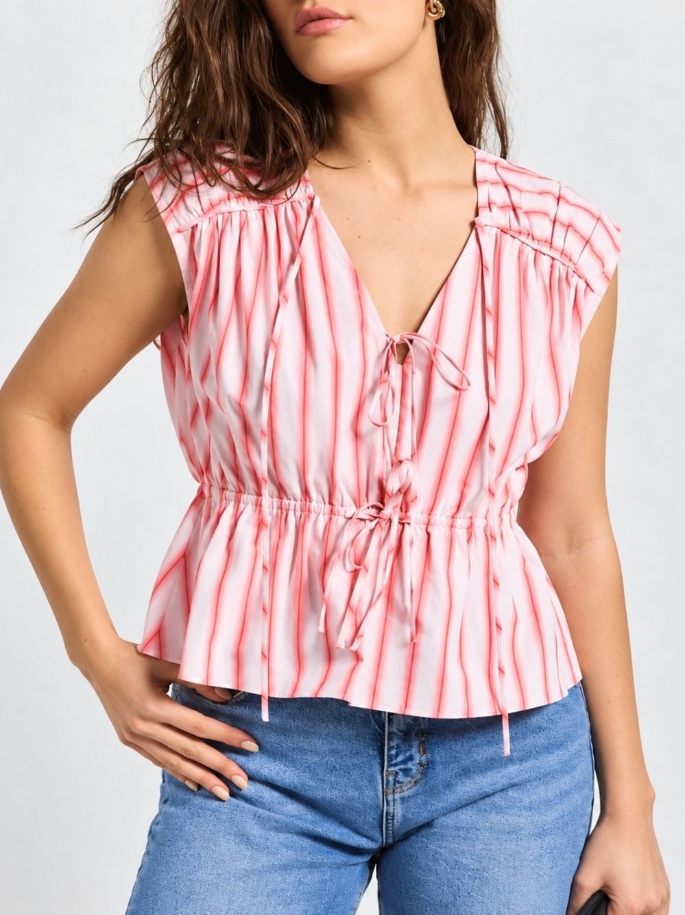 DEREK LAM Women's Pink Striped Tie-Front Peplum Top